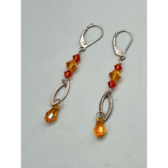 Sterling Silver and Orange Glass Beads Dangles Long Pierced Leverback Closure - Picture 5 of 7